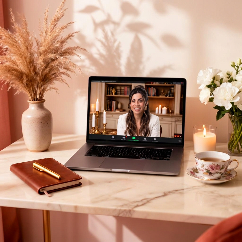 Aulas do Desafio Reacender no laptop, em um cenário feminino e elegante