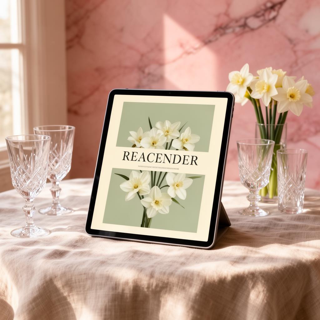 E-book Reacender exibido em um tablet sobre toalha de linho com flores brancas