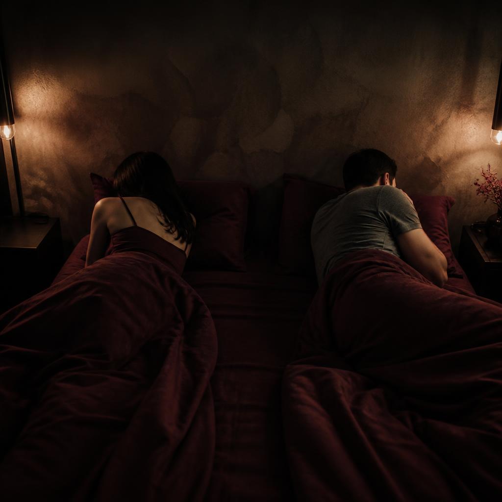 Casal deitado de costas na cama, em silêncio, clima de distância e frieza