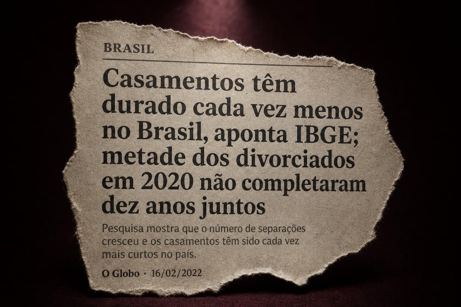 Manchete do jornal O Globo: Casamentos têm durado cada vez menos no Brasil, aponta IBGE; metade dos divorciados em 2020 não completaram dez anos juntos.